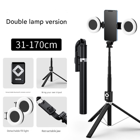 NNEDSZ Double Light 3-in-1 Bluetooth Selfie Stick with Tripod and Remote Control - Adjustable for Smartphones